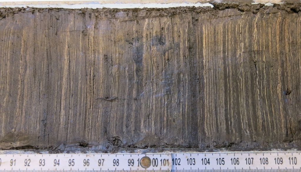 Schnitt durch einen Sedimentbohrkern vom Moossee. Jahr für Jahr bildet sich eine neue Sedimentschicht aus dem organischen Material, das sich auf dem Seegrund ablagert. Schnitt durch einen Sedimentbohrkern vom Moossee. Jahr für Jahr bildet sich eine neue Sedimentschicht aus dem organischen Material, das sich auf dem Seegrund ablagert. Bild: Geoecology Research Group/University of Basel