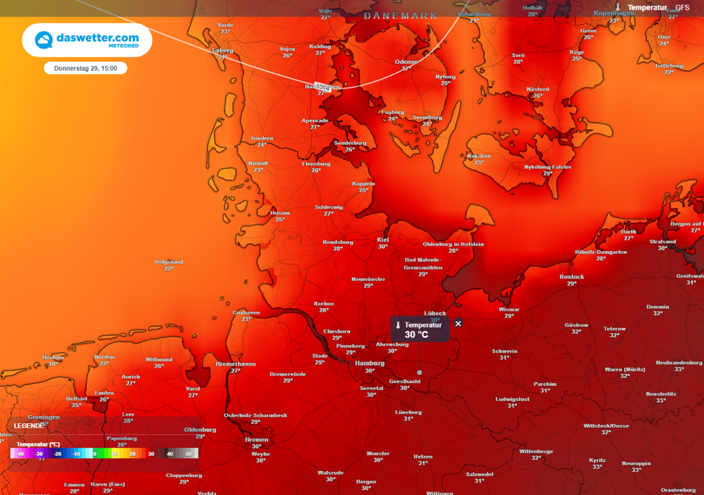 meteored-Wetterkarte mit der Temperaturverteilung über Norddeutschland am Donnerstagnachmittag, 29.08.2024 16 Uhr