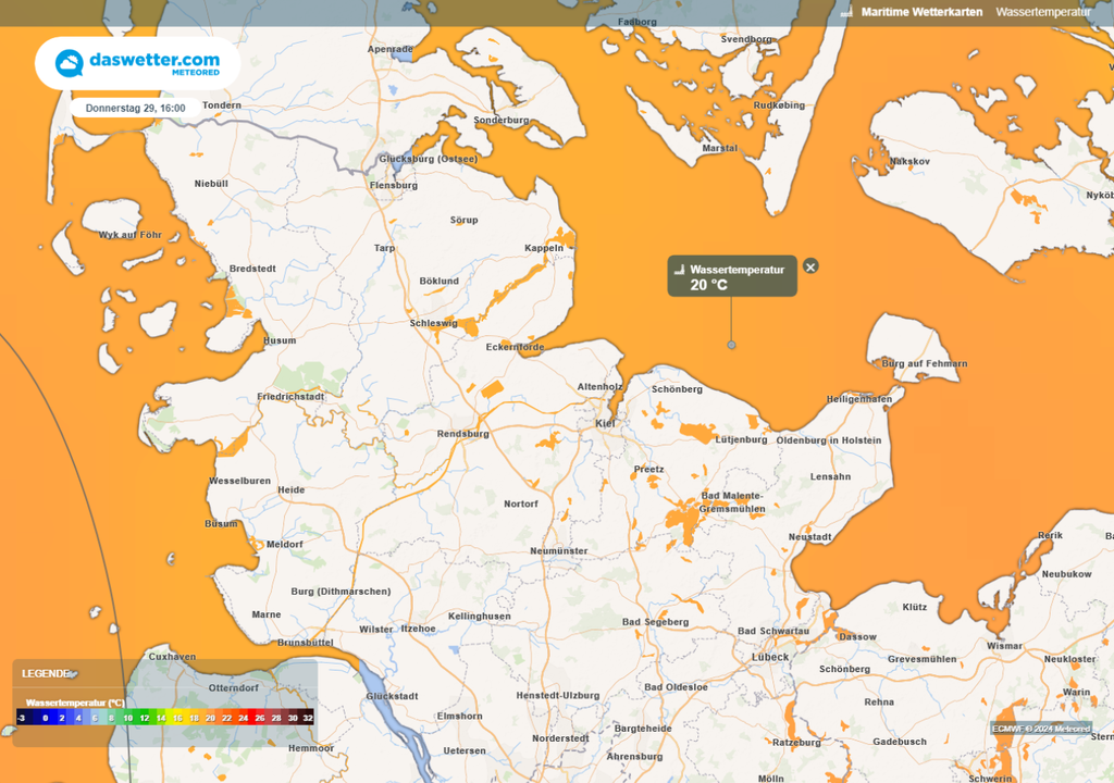 meteored-Wetterkarte mit den Wassertemperaturen an Nord-und Ostsee, für Donnerstag 29.08. 15:00 Uhr