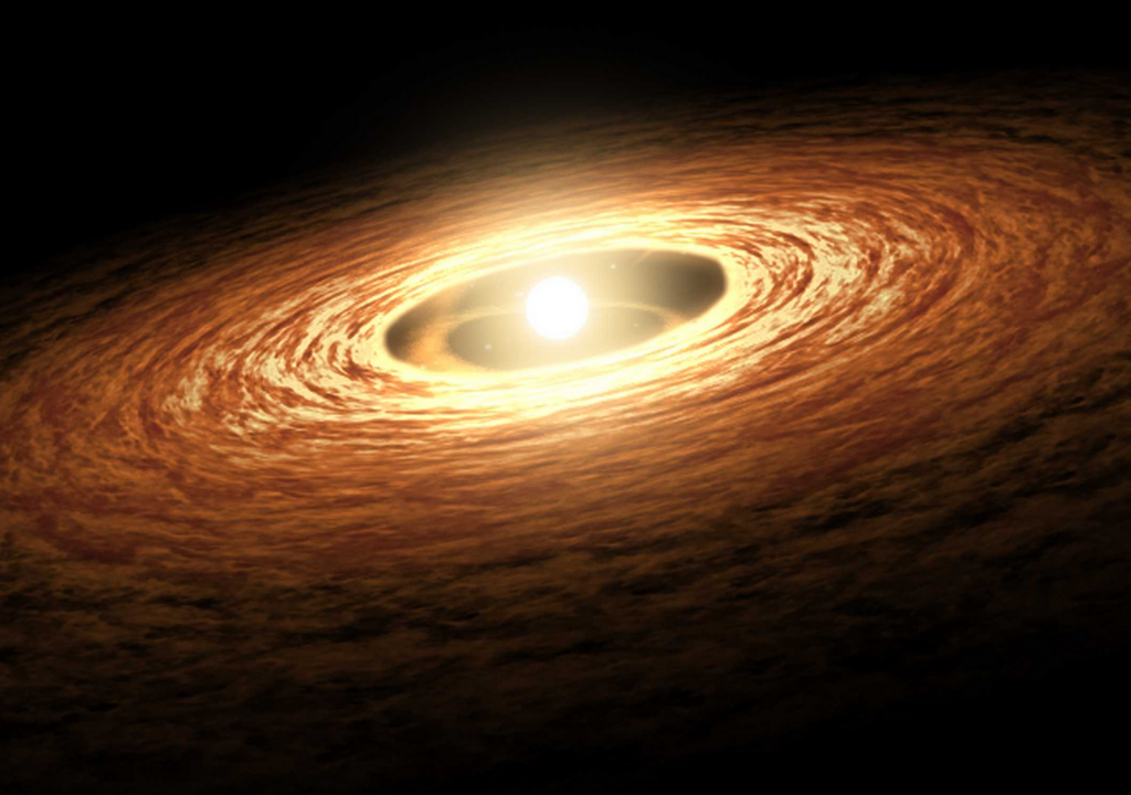 Ein junger Stern, der von einer Scheibe aus Gas und Staub umgeben wird, aus denen neue Planeten entstehen könnten – ob diese jedoch die chemischen Voraussetzungen für Leben besitzen, hängt vom richtigen Sauerstoffgehalt während der Kernbildung ab. Bild: Nasa-JPL