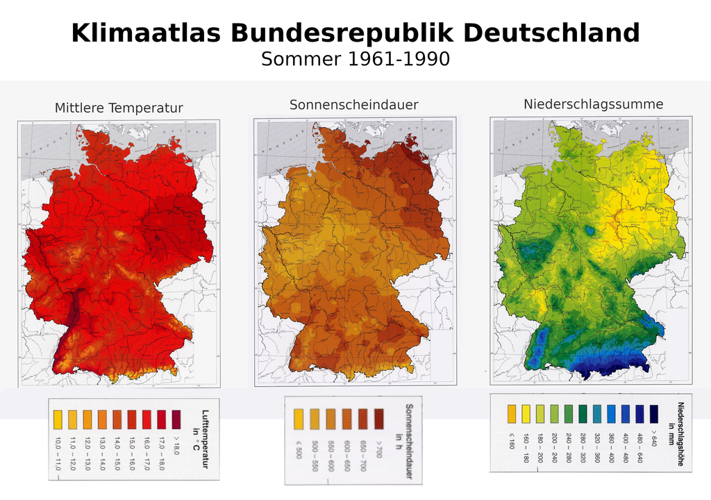 Klimaatlas mit den Parametern zu Temperatur, Sonnenschein und Niederschlag gemittelt über den Zeitraum 1961-1990