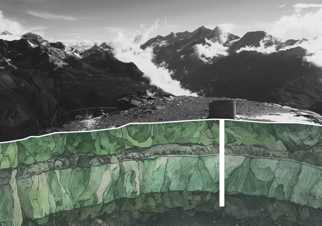 Bohrloch am Fuße des Hörnligrats am Matterhorn. Die Grafik zeigt einen Querschnitt des Untergrunds mit grünem Serpentinit. Die Bohrlöcher des SLF im Permafrost erreichen Tiefen von bis zu 60 Metern.