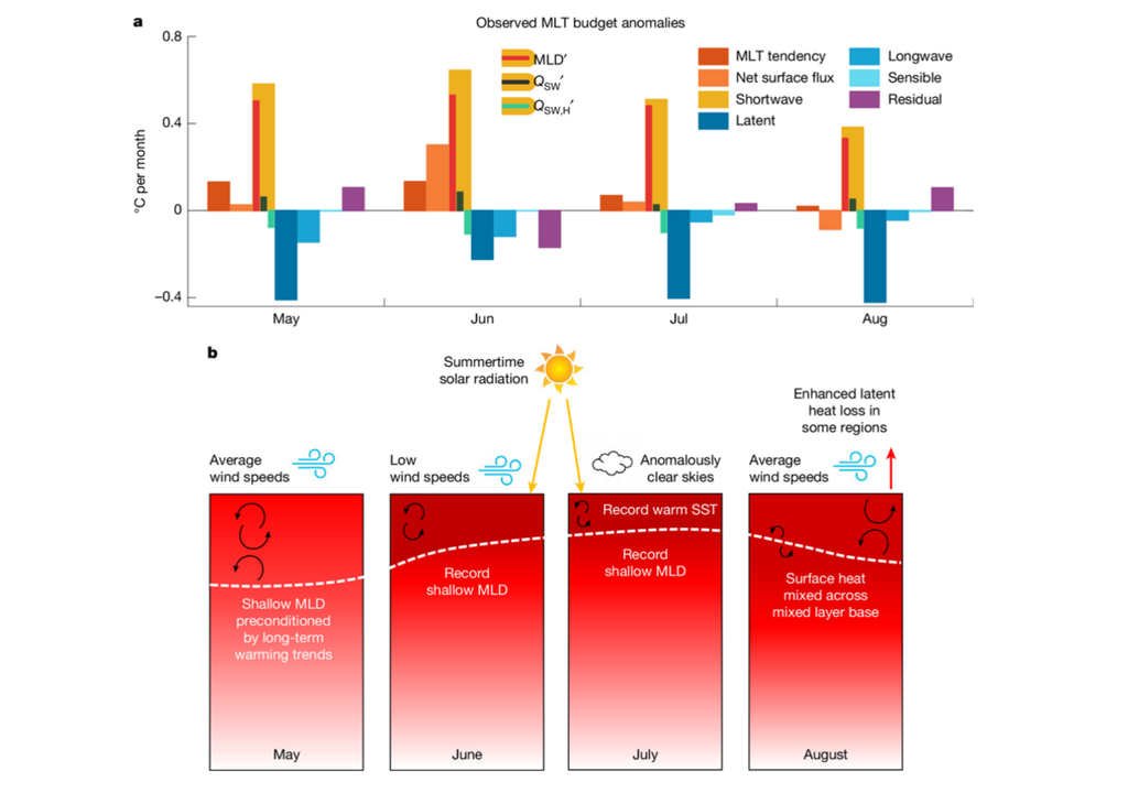 Beobachtete Anomalien der Mixed Layer Temperature (MLT) und Verlauf der Erwärmung der Nordatlantikoberfläche im Mai, Juni, Juli und August 2023. Beobachtete Anomalien der Mixed Layer Temperature (MLT) und Verlauf der Erwärmung der Nordatlantikoberfläche im Mai, Juni, Juli und August 2023.