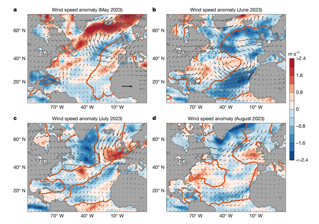 Monatliche durchschnittliche Oberflächenwindgeschwindigkeit und Windvektorabweichungen im Mai, Juni, Juli und August 2023. Monatliche durchschnittliche Oberflächenwindgeschwindigkeit und Windvektorabweichungen im Mai, Juni, Juli und August 2023.