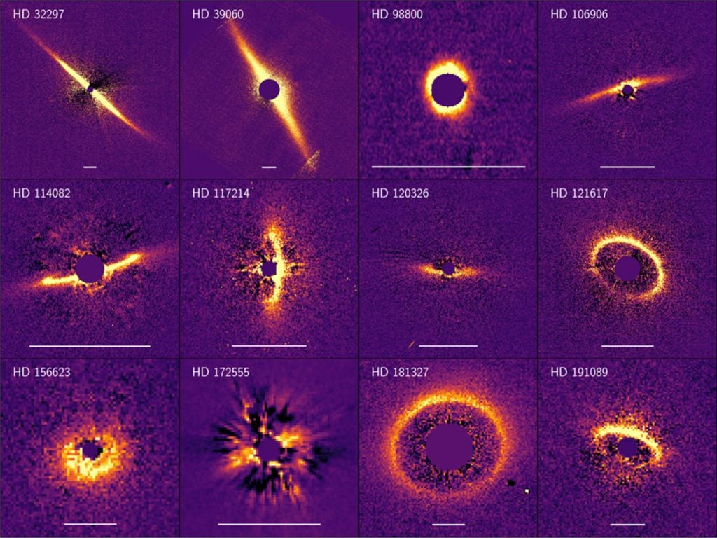 Bilder der polarisierten Intensität des Streulichts von Trümmerringen, aufgenommen mit IRDIS, IFS oder ZIMPOL. Der weiße Balken am unteren Rand jedes Bildes entspricht 1 Bogensekunde, mit Ausnahme von HD 98800, wo er 0,5 entspricht. Bilder der polarisierten Intensität des Streulichts von Trümmerringen, aufgenommen mit IRDIS, IFS oder ZIMPOL. Der weiße Balken am unteren Rand jedes Bildes entspricht 1 Bogensekunde, mit Ausnahme von HD 98800, wo er 0,5 entspricht.