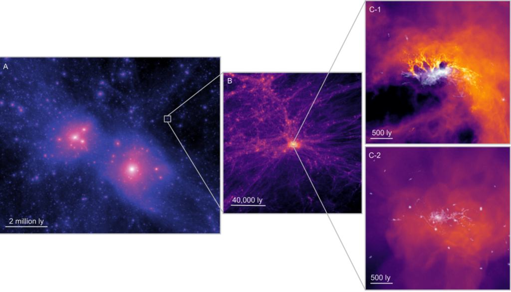 Die beiden großen Dunkle-Materie-Halos entsprechen denen der Milchstraße und der Andromedagalaxie (A). Dunkle Materie in und um einen kleinen Halo 700 Millionen Jahre nach dem Urknall (B). Sterne und Gas in der simulierten ultraschwachen Zwerggalaxie, in zwei Varianten für die Bedingungen des frühen Universums (C-1 und C-2). Bild: Brown et al., 2026