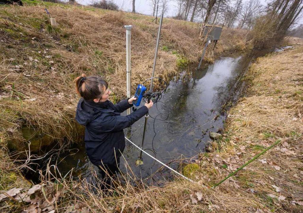Messungen des Wasserdurchflusses in einem Fließgewässer im Demnitzer Mühlenfließ vom Team von Dörthe Tetzlaff. Messungen des Wasserdurchflusses in einem Fließgewässer im Demnitzer Mühlenfließ vom Team von Dörthe Tetzlaff.