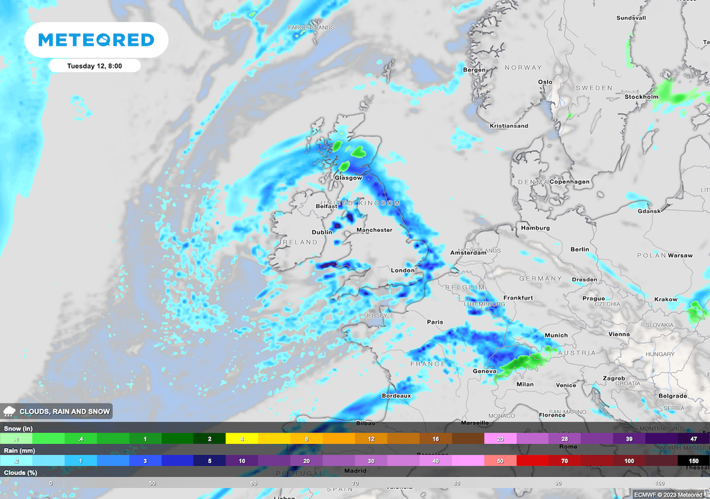 Rain will clear from Wales and England on Tuesday to reveal blustery showers. A wet day across Scotland with rain lingering which may be wintry over the hills.