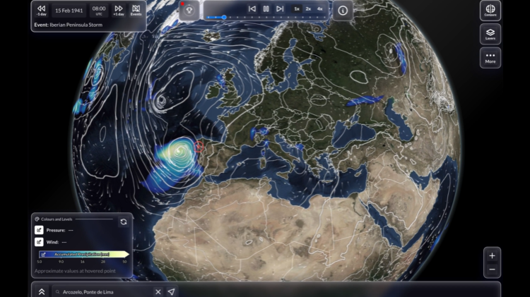 Imagen de archivo generada por Weather Replay donde se observa campos de superficie asociado a una borrasca cerca de la península ibérica. Fuente: Copernicus-ECMWF
