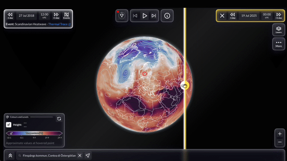 Animación de la herramienta de comparación con las olas de calor de 2018 y 2025 en Escandinavia. Fuente: Copernicus-ECMWF
