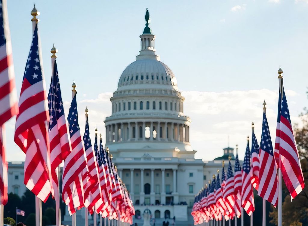 American flags against the backdrop of the Capitol, official ceremony.