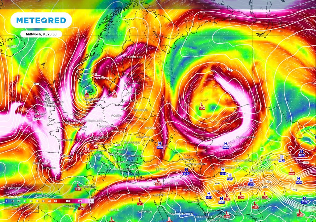 Wind, 300 hPa, Jet Stream, Polarluft Der Jet-Stream schiebt ab Mitte der Woche kalte Polarluft nach Deutschland. Auch in Freiburg führt dies zu einem Temperatursturz