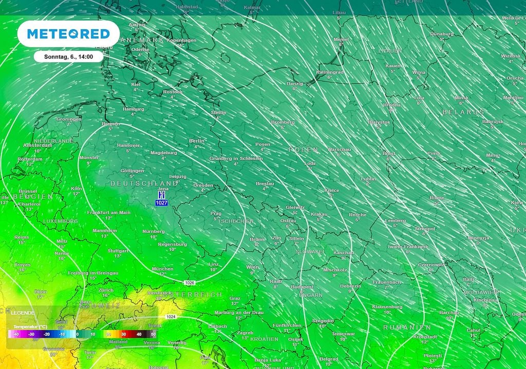 Temperatur, 850 hPa, kalt Es wird kalt über Deutschland. Das Hochdruckgebiet wandert im Laufe der Woche nach Osten. Der Jet Stream bringt kalte Polarluft in der oberen Atmosphärenschicht.