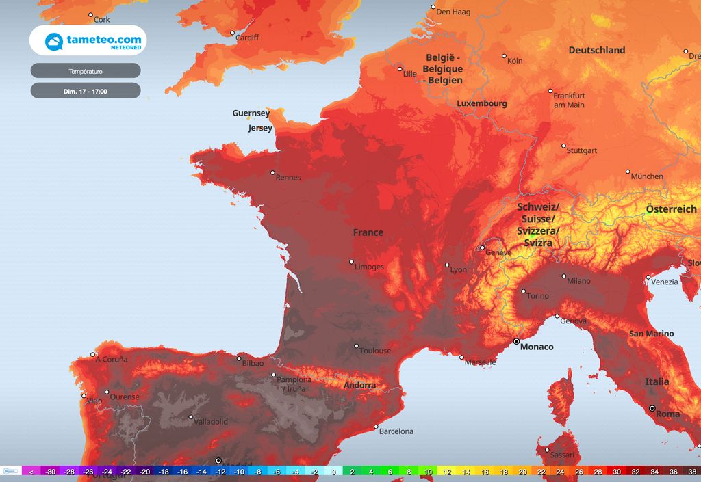 Carte des températures - Dimanche 17h