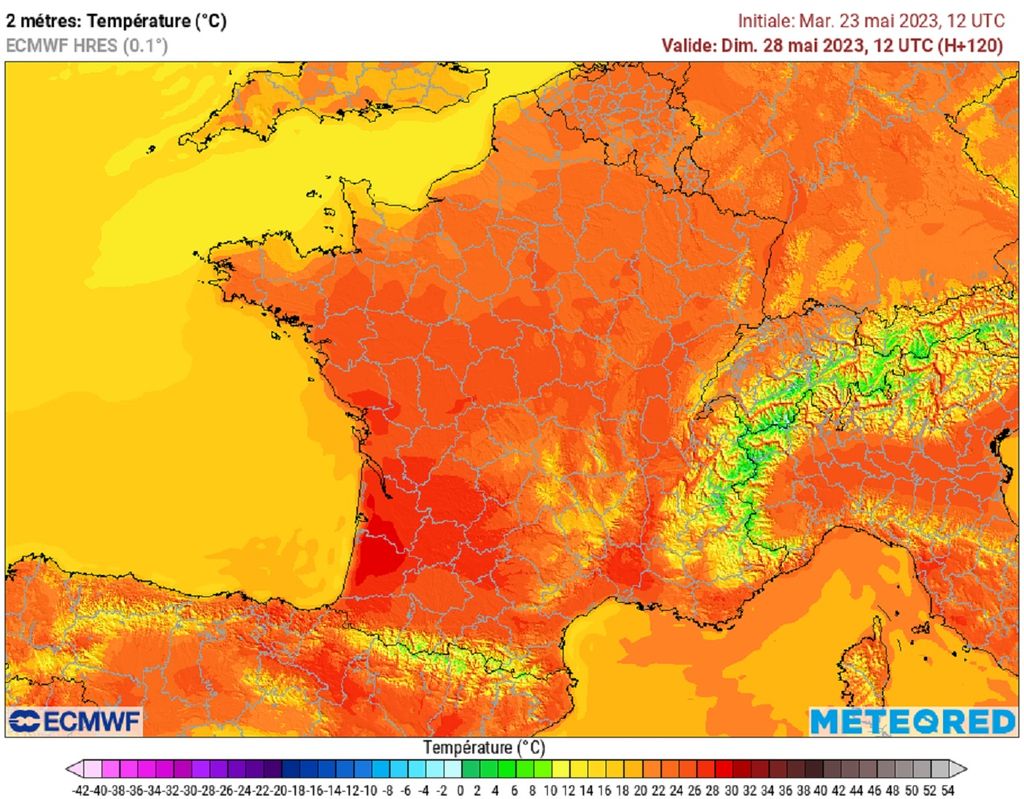 Selon le modèle ECMWF, la chaleur dominera pour le dimanche de la Pentecôte avec plus de 25°C au nord et jusqu'à 30°C voire plus au sud. Selon le modèle ECMWF, la chaleur dominera pour le dimanche de la Pentecôte avec plus de 25°C au nord et jusqu'à 30°C voire plus au sud.