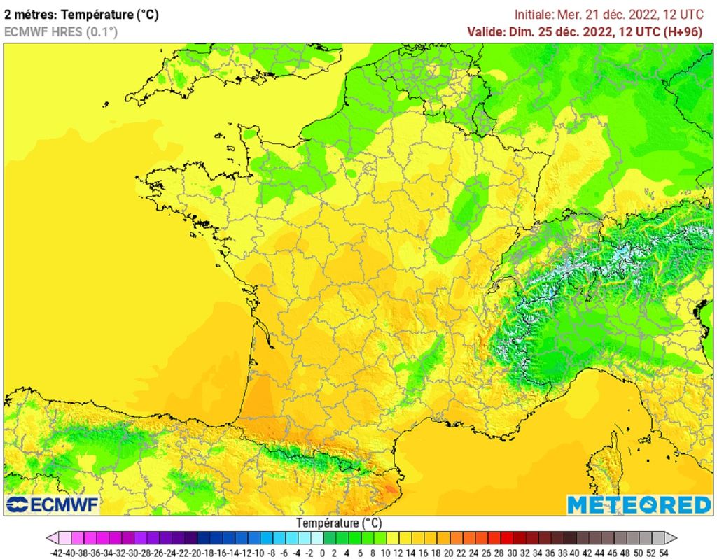 Dimanche 25, des températures printanières concerneront un large quart sud-ouest (modèle ECMWF via tameteo).