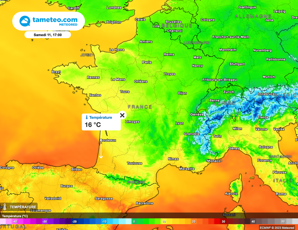 La fraîcheur résistera sur un large quart Nord-Est et sur la façade Est. Plus doux par le Sud-Ouest.