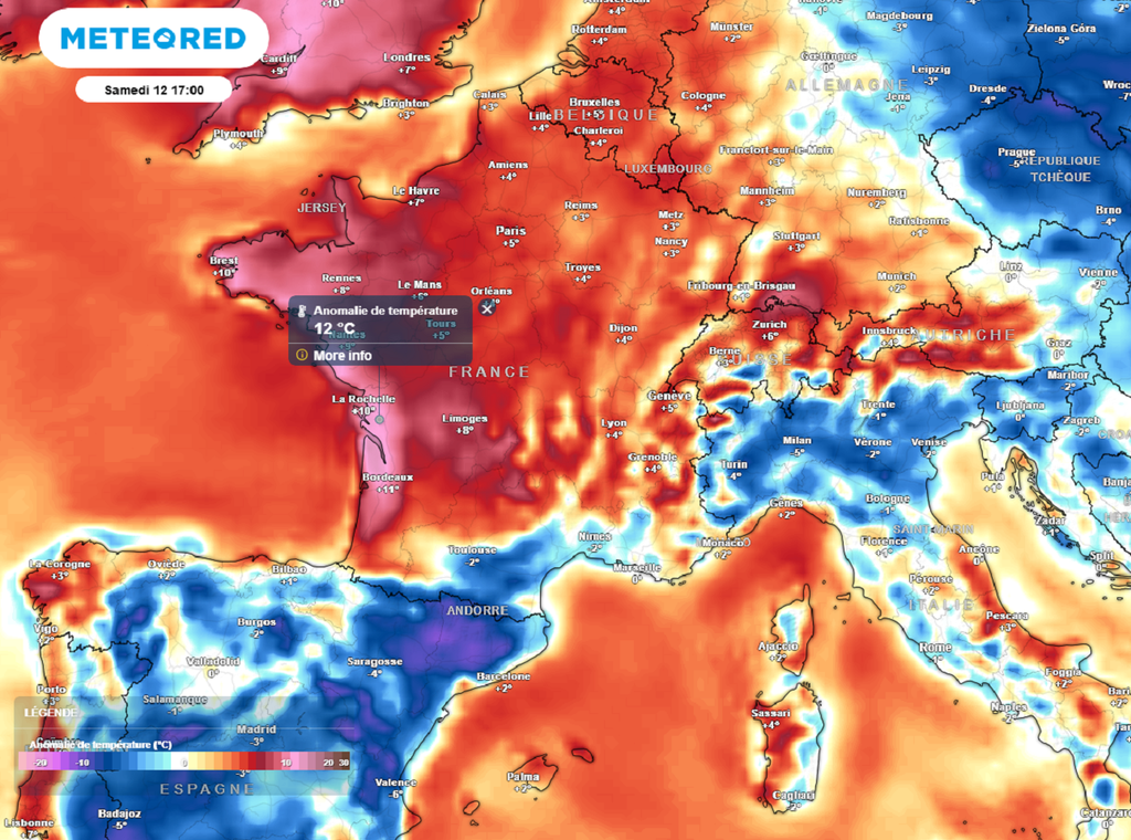 C'est dans l'ouest qu'il fera le plus chaud avec des températures situées jusqu'à 10 voire 12°C au-dessus des normales. C'est dans l'ouest qu'il fera le plus chaud avec des températures situées jusqu'à 10 voire 12°C au-dessus des normales.