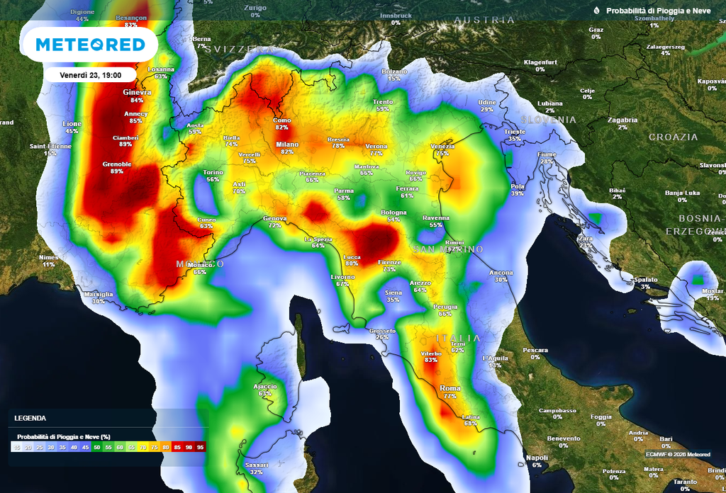 Mappa della probabilità di pioggia e neve per la giornata di venerdì 23