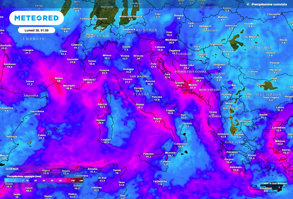 Fine settimana molto instabile come mostra la mappa degli accumuli del nostro modello