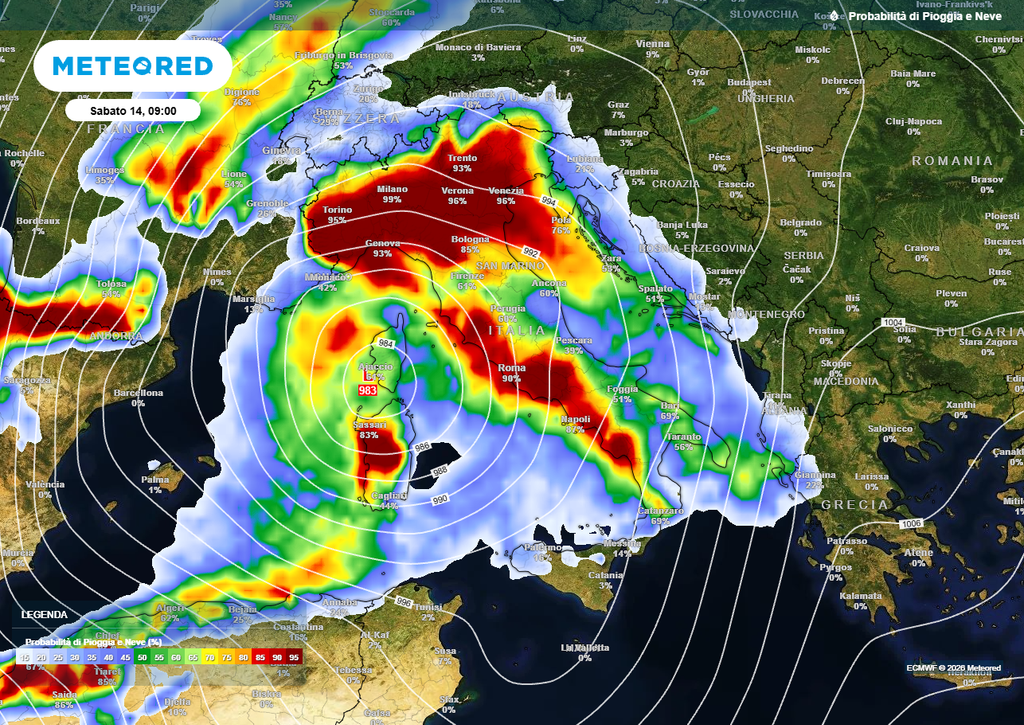 L'intenso vortice ciclonico previsto per sabato 14 febbraio