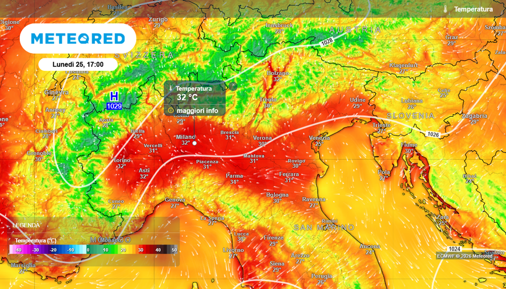 Temperature previste lunedì nel nord Italia.