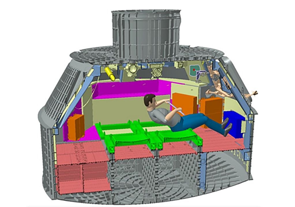 Low of the Schwungrads in the Interior of the Orion Space Ship. The Schwungrad is the training equipment used by NASA, the astronauts of the Artemis missions (at least up to Artemis V) are in shape of bleiben. It is used the use of the control system, one of the ways in which the capsule can be used. (Credit: NASA)