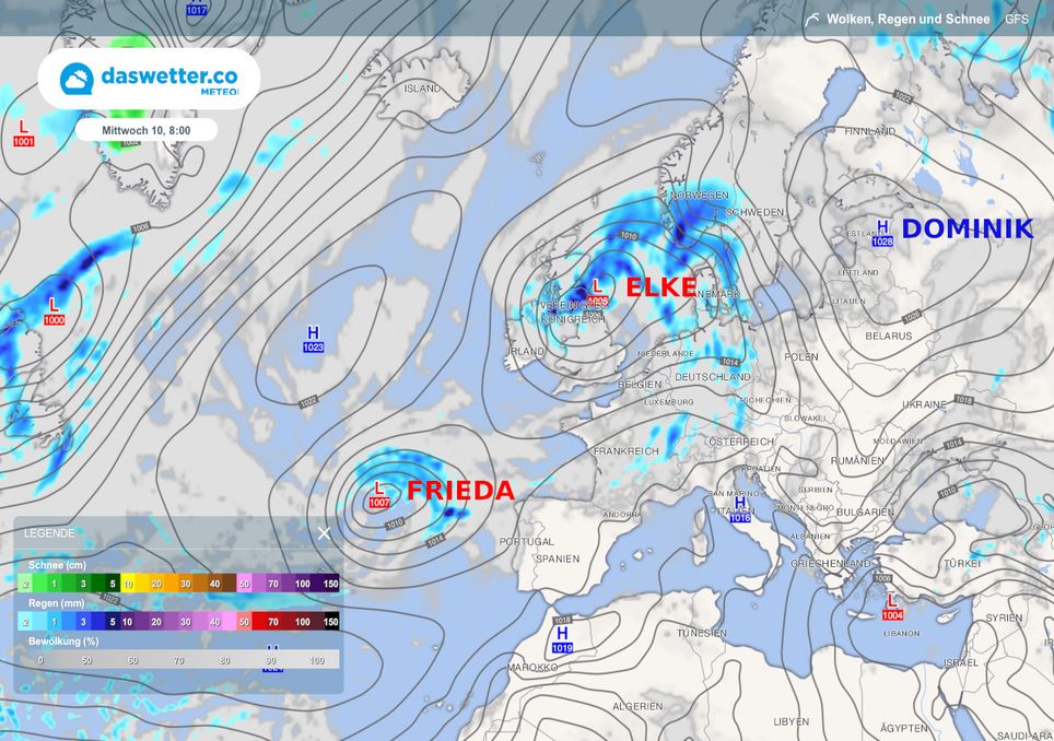meteored-Wetterkarte mit Druckverteilung, Niederschlägen und Wolken für Mittwoch den 10.Juli