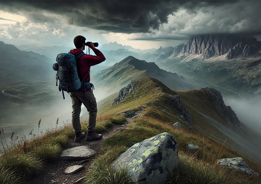 Ein Wanderer steht auf einem Bergkamm in den Dolomiten und beobachtet mit dem Fernglas ein aufziehendes Unwetter.