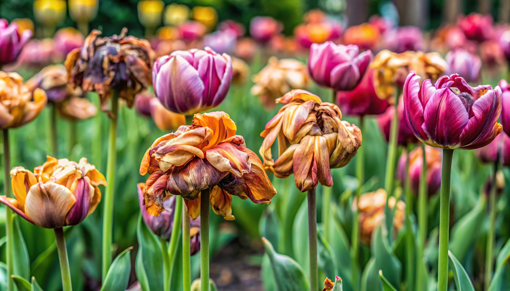 Verwelkte Tulpen im Beet wirken wie stille Zeugen des Frühlings – scheinbar am Ende, und doch schon voller Vorbereitung auf das nächste Blütenjahr.