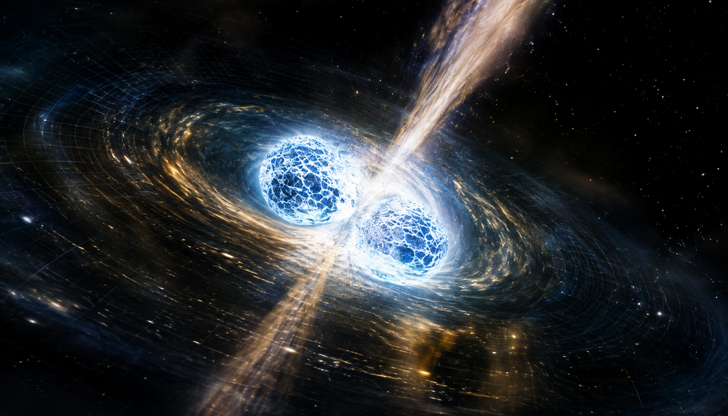 Illustration davon, wie zwei Neutronensterne verschmelzen könnten. Illustration davon, wie zwei Neutronensterne verschmelzen könnten. Bild: KI-generiert