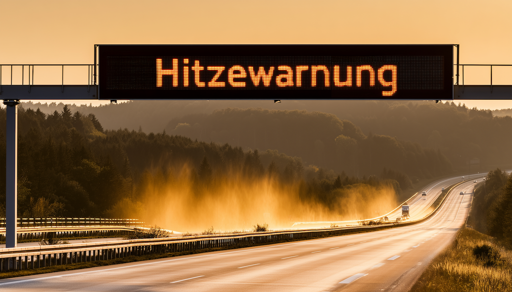 "Hitzewarnung“ auf einer deutschen Autobahn: Digitale Verkehrsanzeigen reagieren auf zunehmende Hitzewellen, die auch den Straßenverkehr in Europa beeinflussen. (KI)