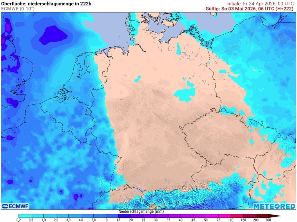 Das ist recht eindeutig: Das ECMWF sieht bis zum 3. Mai in den meisten Regionen Deutschlands so gut wie keinen Regen.