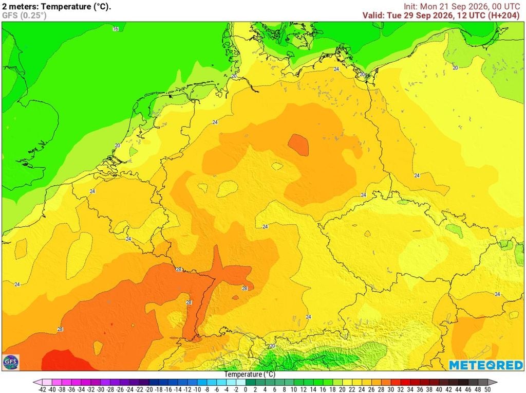 wette, gfs, sommer Auch das GFS-Modell der NOAA rechnet mit einem sehr warmen Septemberende. Spitzenwerte nahe 30 Grad sind "wahrscheinlich".
