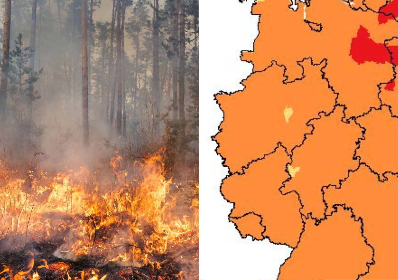 Die Waldbrandgefahrenkarte vom Deutschen Wetterdienst (links) geht ab Dienstag deutschlandweit schon wieder von der Gefahrenstufe 3 bis 4 von 5 möglich aus.
