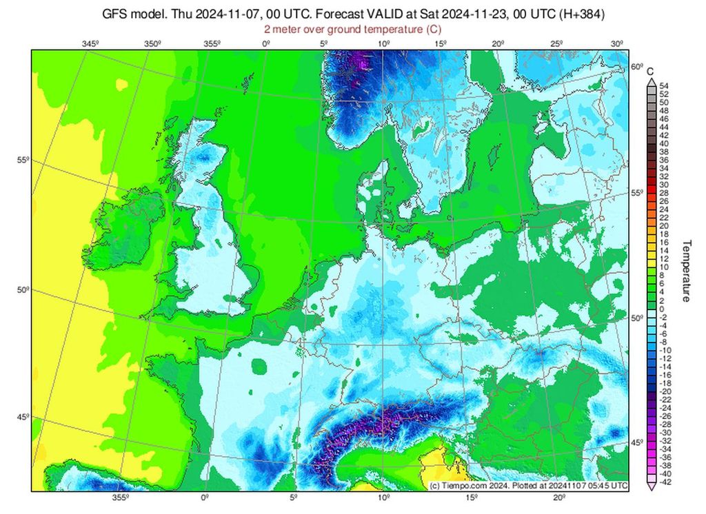 Die letzte Wetterkarte des aktuellen GFS-Laufs hat es in sich: Bittere Kälte eine Woche vor dem 1. Advent - in Europa und ganz Deutschland!
