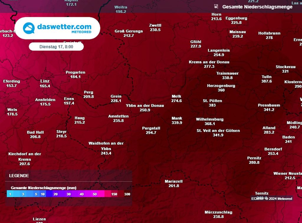Unfassbare Regensummen in den kommenden Tagen in Österreich: regional fast 400 Liter Niederschlag.