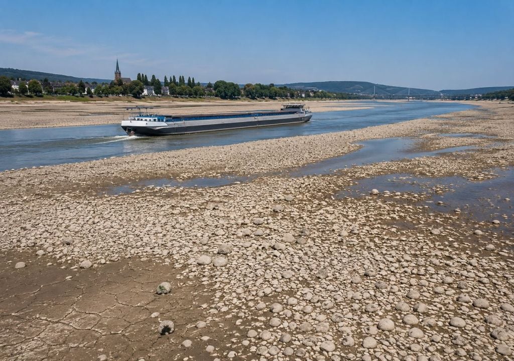 rhein, schiff, niedrigwasser Der Rhein ist weitgehend leer - es ist kaum noch Wasser im Fluss.