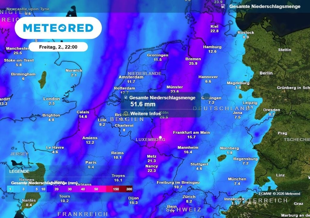 regen, 50 mm, ecmwf Laut dem europäischen Wettermodell sollen bis Freitagmorgen um die 50 Liter Regen im Westen vom Himmel kommen.