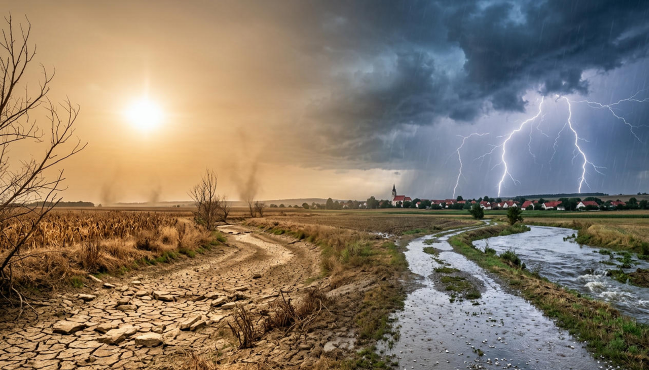 Wissenschaftler haben untersucht, wie sich das Extremwetter in Europa entwickeln wird, mit teils beunruhigenden Ergebnissen. Bild: KI-generiert