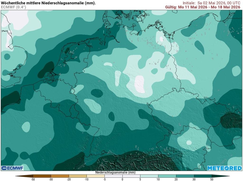 Das ECMWF-Modell sieht es auch Mitte Mai sehr nass in Deutschland, deutlich nasser als normal zu dieser Jahreszeit.