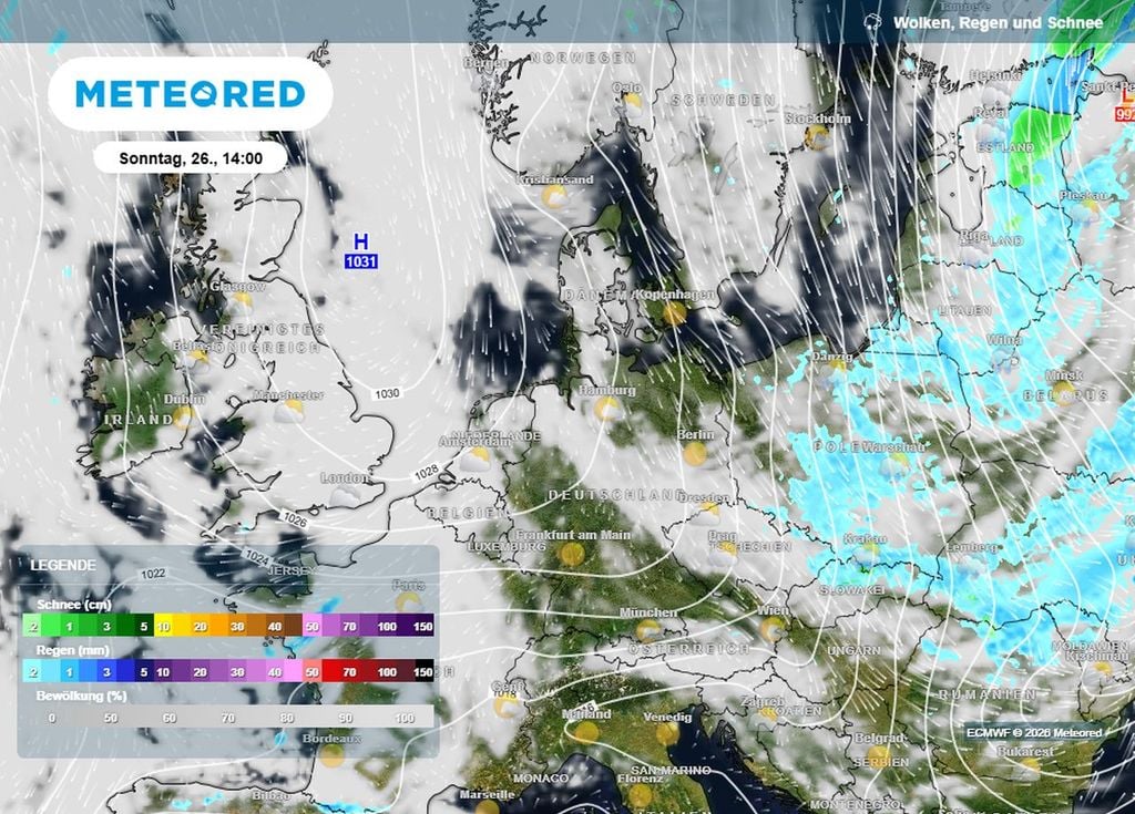 Das Hoch hält in den kommenden Tagen weiter durch, lässt allerdings an seiner Ostflanke immer wieder deutlich kältere Luftmassen nach Deutschland strömen.