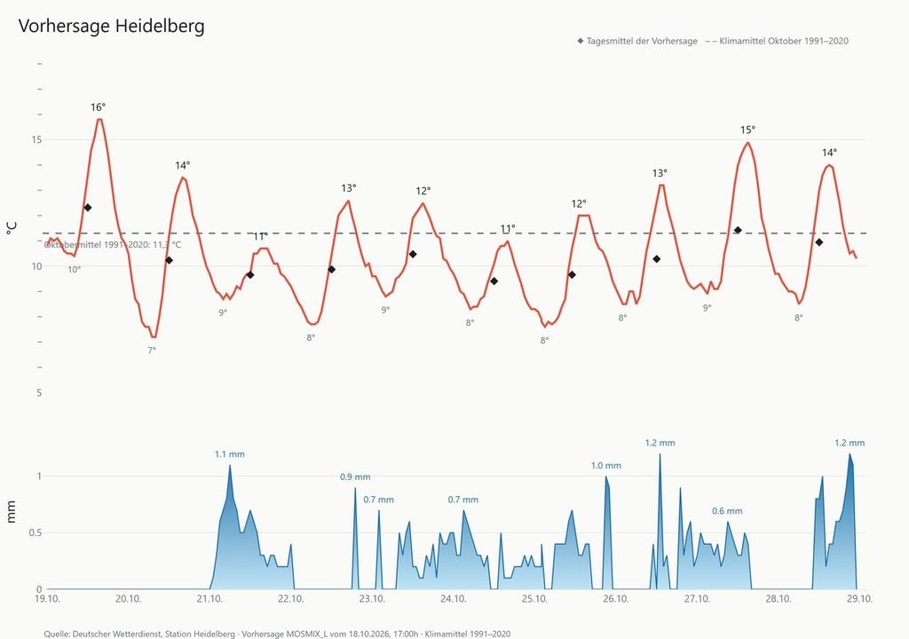 Wetterprognose Heidelberg 19. Oktober bis 29. Oktober 2026