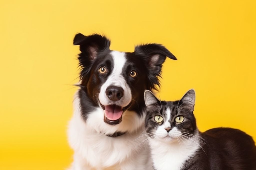 Gato atigrado de rayas grises y perro border collie con expresión feliz juntos sobre fondo amarillo Por alisaaa Gato atigrado de rayas grises y perro border collie con expresión feliz juntos sobre fondo amarillo Por alisaaa