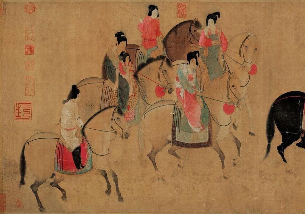 Berühmtes ‪Beispiel der blühenden Kultur der Tang-Dynastie: „Frühlingsausflug des Tang-Hofes“ von Zhang Xuan (713–755) (Ausschnitt). Bild: Public Domain‬