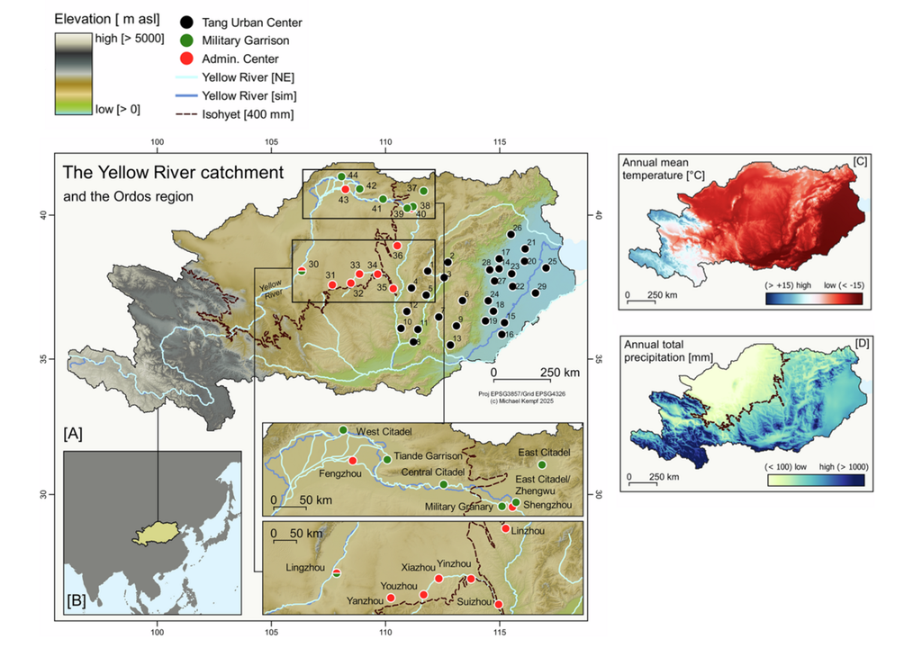 Topografie (A), Ausdehnung (B), Jahresdurchschnittstemperatur (C) und Niederschlag (D) zur Zeit der untersuchten Epoche (800–907 n. Chr.) der Tang-Dynastie. Bild: Kempf et al., 2025