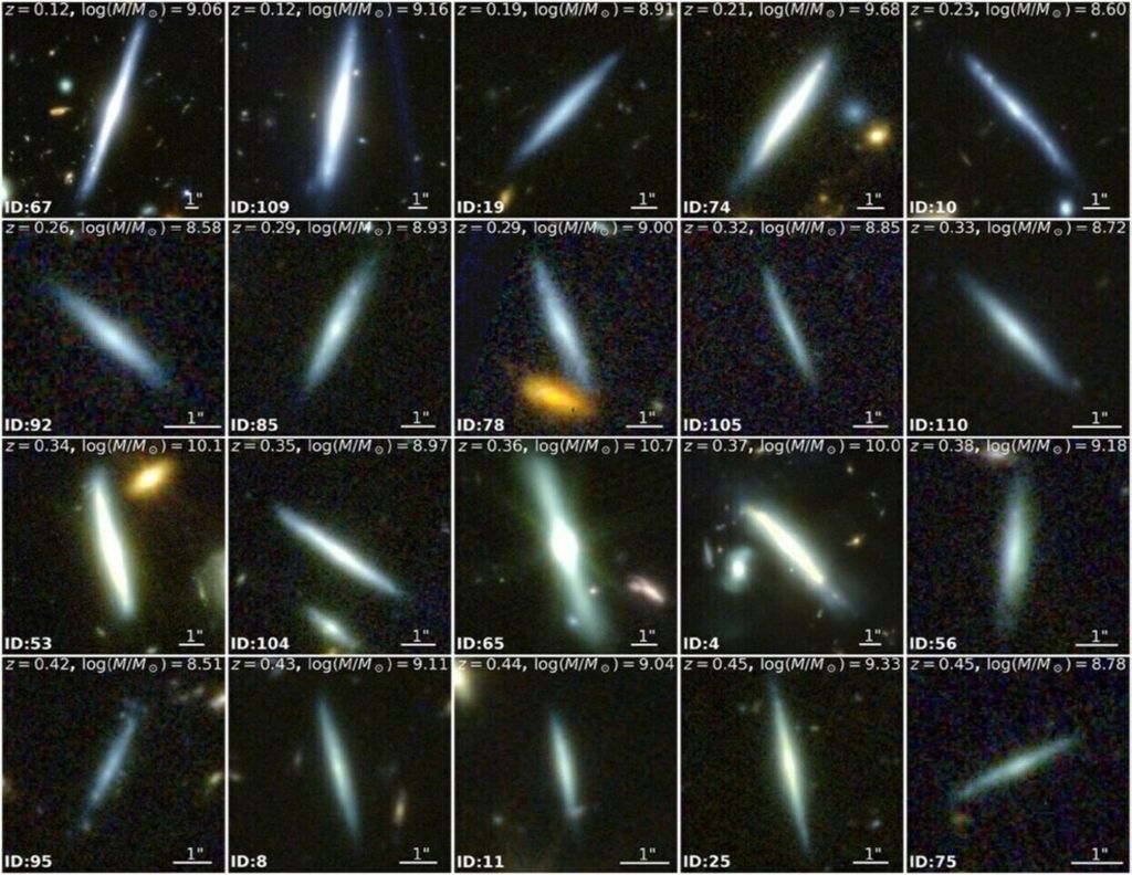 Farbkompositbilder von einem Teil der Stichprobe, sortiert nach zunehmender Rotverschiebung. Der weiße Text auf jedem Bild gibt die Rotverschiebung und die Sternmasse aus dem 3D-HST-Katalog sowie die eindeutige ID an.