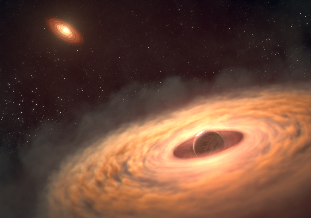 Eine künstlerische Darstellung einer Staub- und Gasscheibe, die den jungen Exoplaneten CT Cha b umgibt, 625 Lichtjahre von der Erde entfernt. Der Planet ist unten rechts zu sehen, sein Mutterstern und die ihn umgebende zirkumstellare Scheibe im Hintergrund.