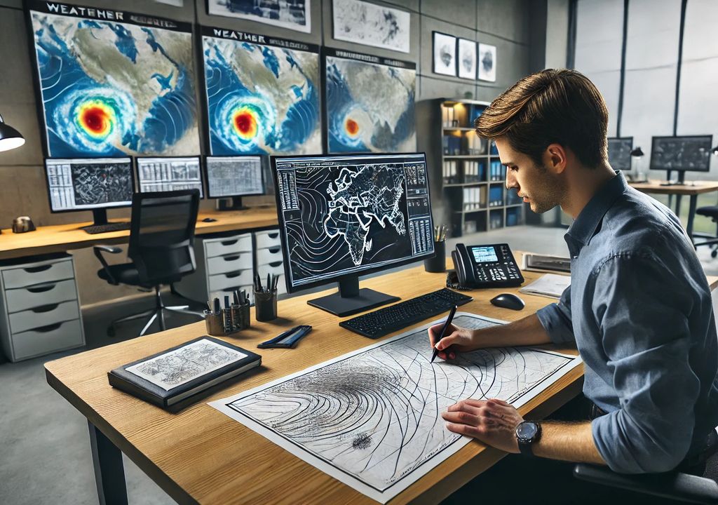 Ein Meteorologe bei der Analyse der Wettersituation. Der Fokus liegt auf tropischen Zyklonen und schwere Stürmen, die jedes Jahr verheerende Schäden anrichtensind