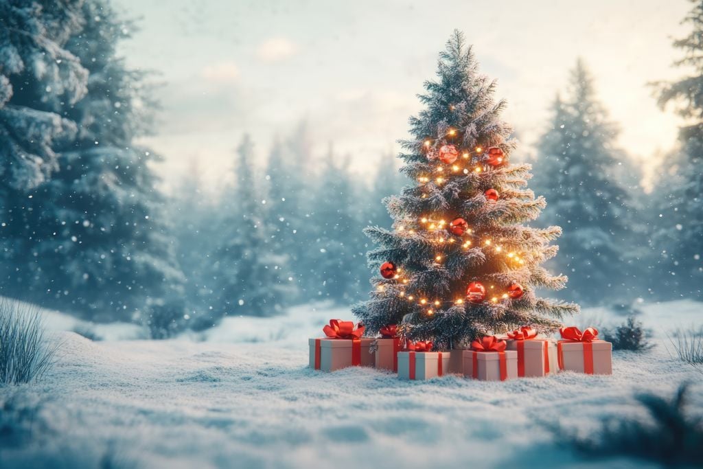 christmas tree with present boxes in a winter landscape